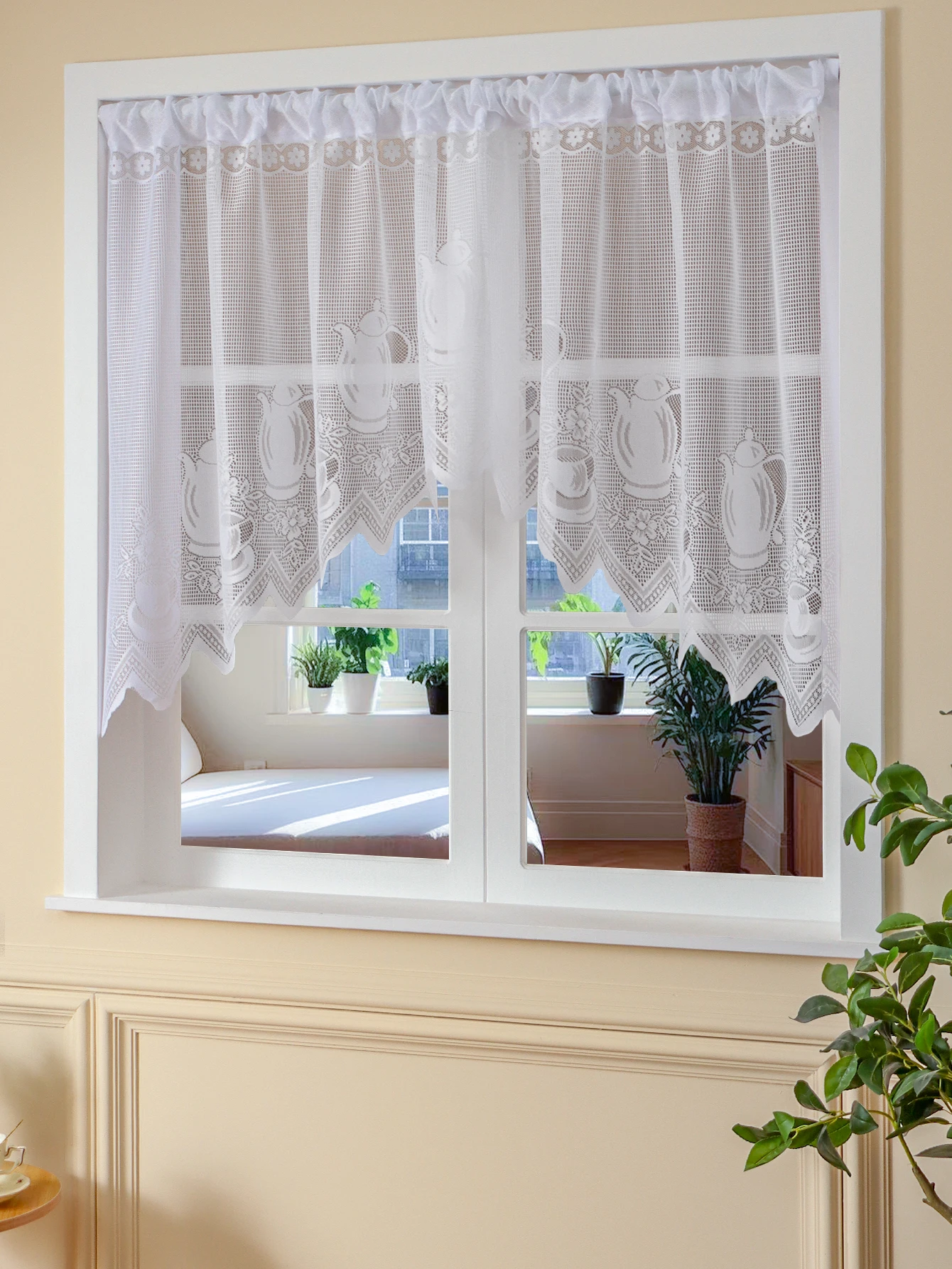Weißer französischer halber Vorhang mit Spitze, dekorativer gebogener Vorhang, kein Schlag, Trennvorhang, Schlafzimmer, Küche, Wohnzimmer, kleine Vorhänge
