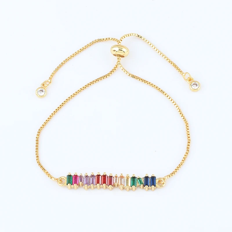 Unique Design Rainbow Bar Bracelet for Women Adjust Size Colorful CZ Charm Bracelets Chain Link Fashion Jewelry