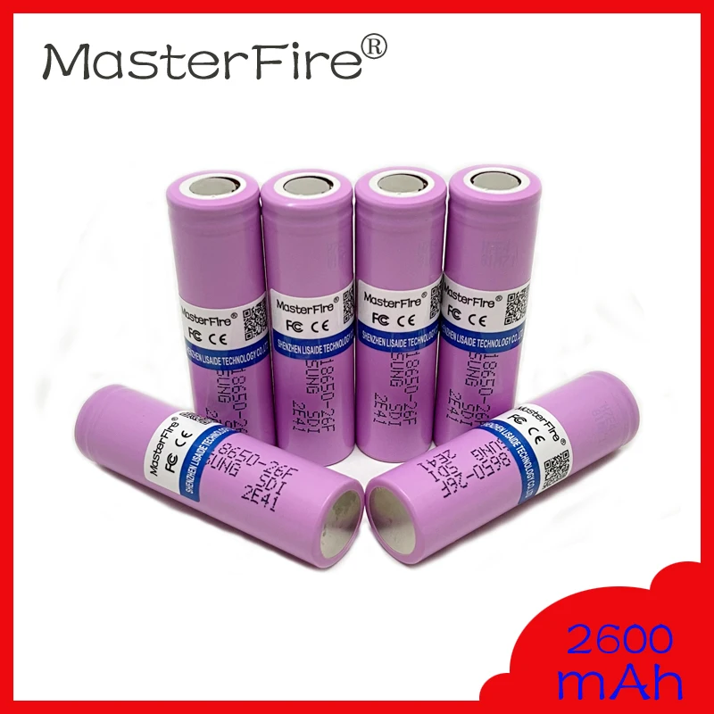 MasterFire 18650 2600mah 26F 3.7V 9.62Wh Rechargeable Lithium Battery Cell ICR18650-26F For LED Flashlights Headlamps Batteries