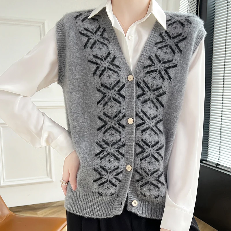 

Осень и зима, новый жилет из 100% чистой шерсти с бриллиантами, женский жилет без рукавов с v-образным вырезом, свитер