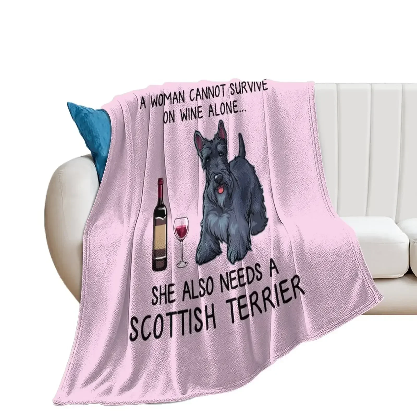 Scottish Terrier and wine Funny gift for dog mom Throw Blanket Soft Plush Plaid for babies Beach Blankets