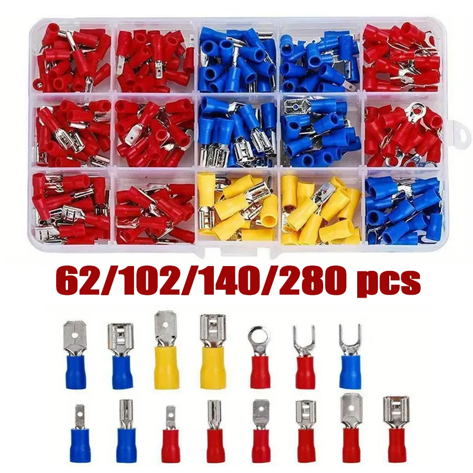 62/102/140/280pcs wire connectors Cold pressed insulated terminals Spade connector kit Cable connectors with 4 in 1 stripper