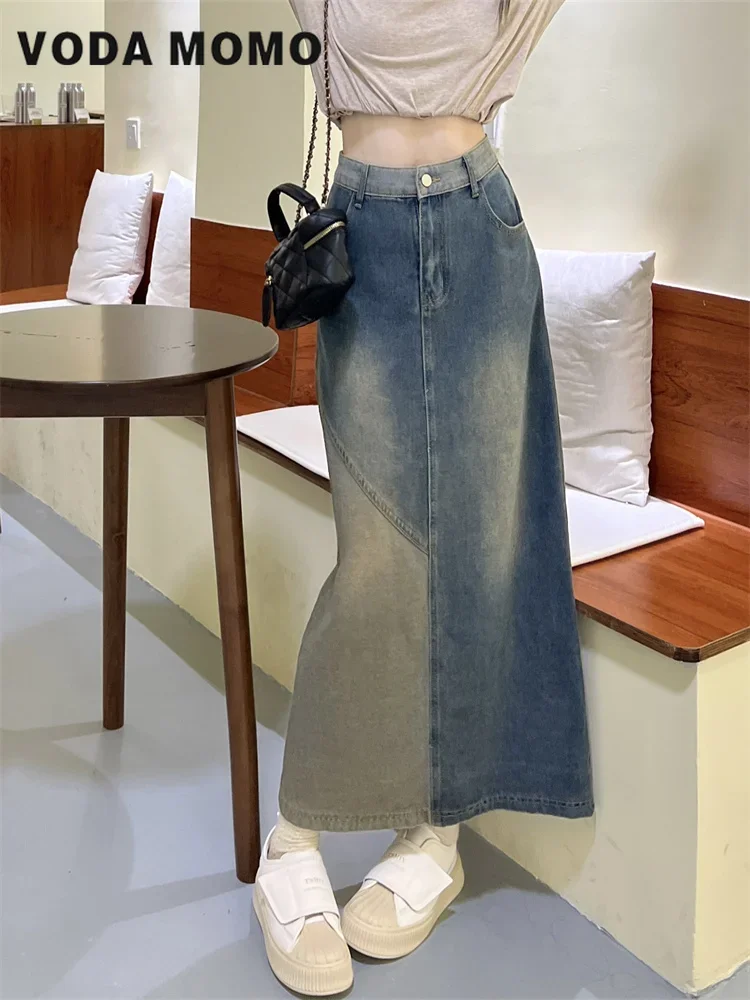 

New Women Patchwork Split Long Skirts Maxi Korean Fashion Pocket Denim Skirt Vintage High Street Loose Casual Daily Jeans Skirts