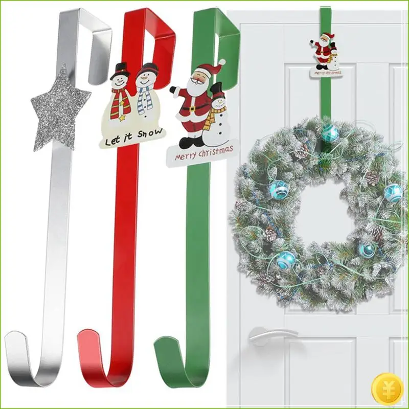 3 PCS Christmas Wreath Hangers Metal 12 Inch Cartoon Over The Door Hooks Winter Snowmen Santa Star Front Door Hangers