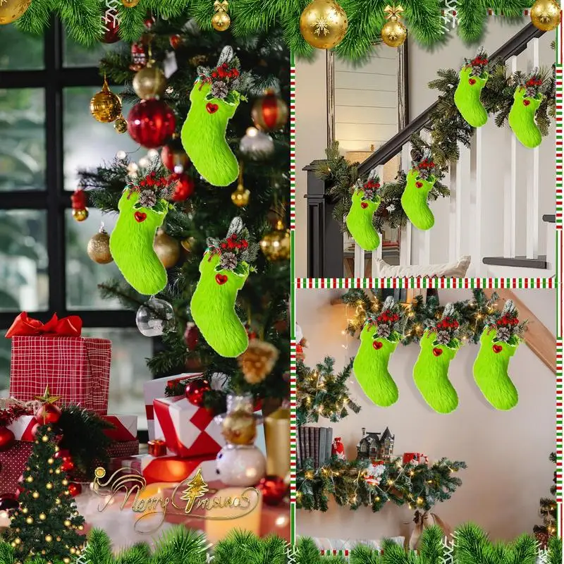 Holiday Stockings For Fireplace Treat Bags 6Pieces Green Christmas Stockings Faux Flush Candy Pouch Fireplace Christmas Decor image 5