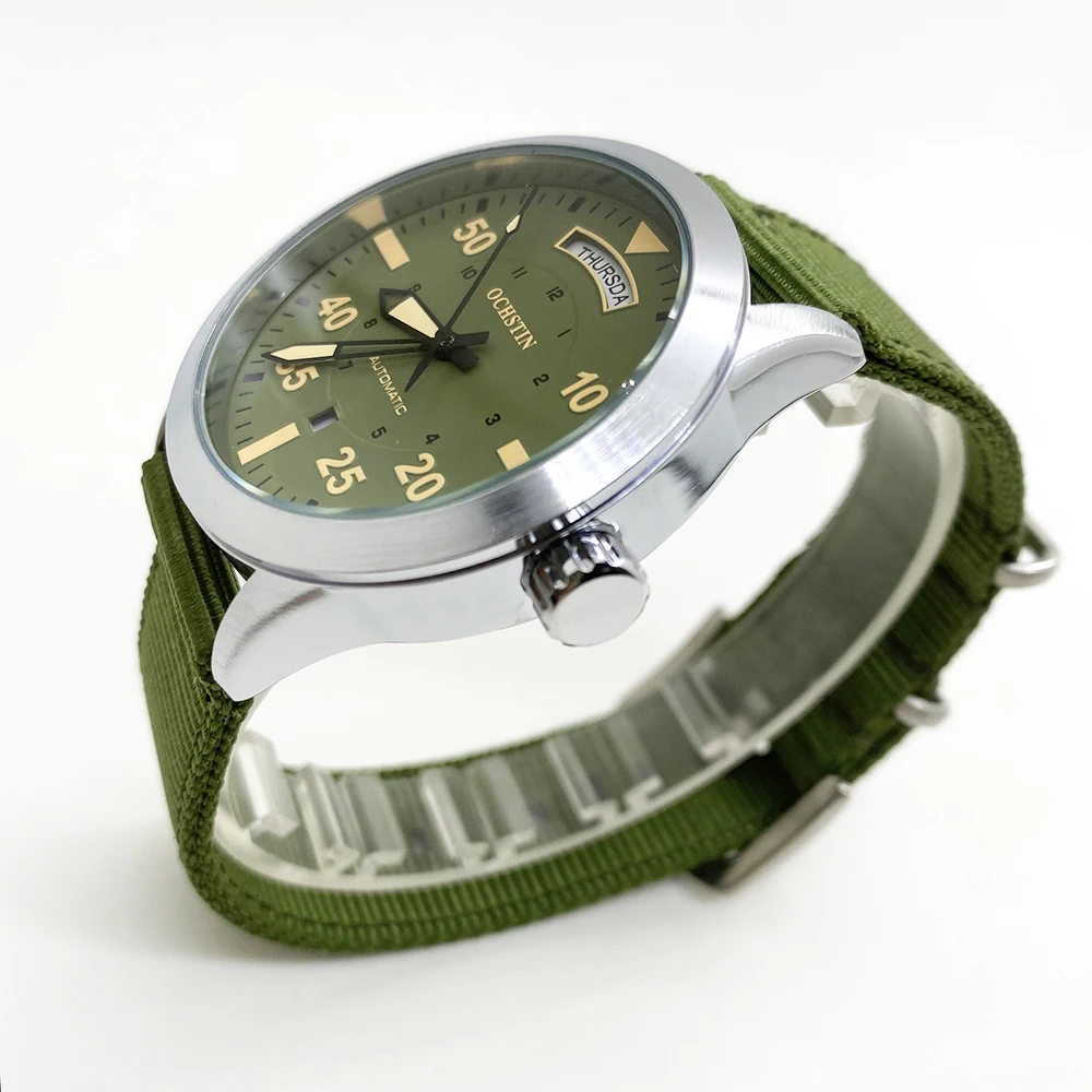 OCHSTIN Mens Pilot Watch Automatic Week Day & Date Mechanical Timepiece Tactical Canvas Strap Watchband Military Male Wristwatch