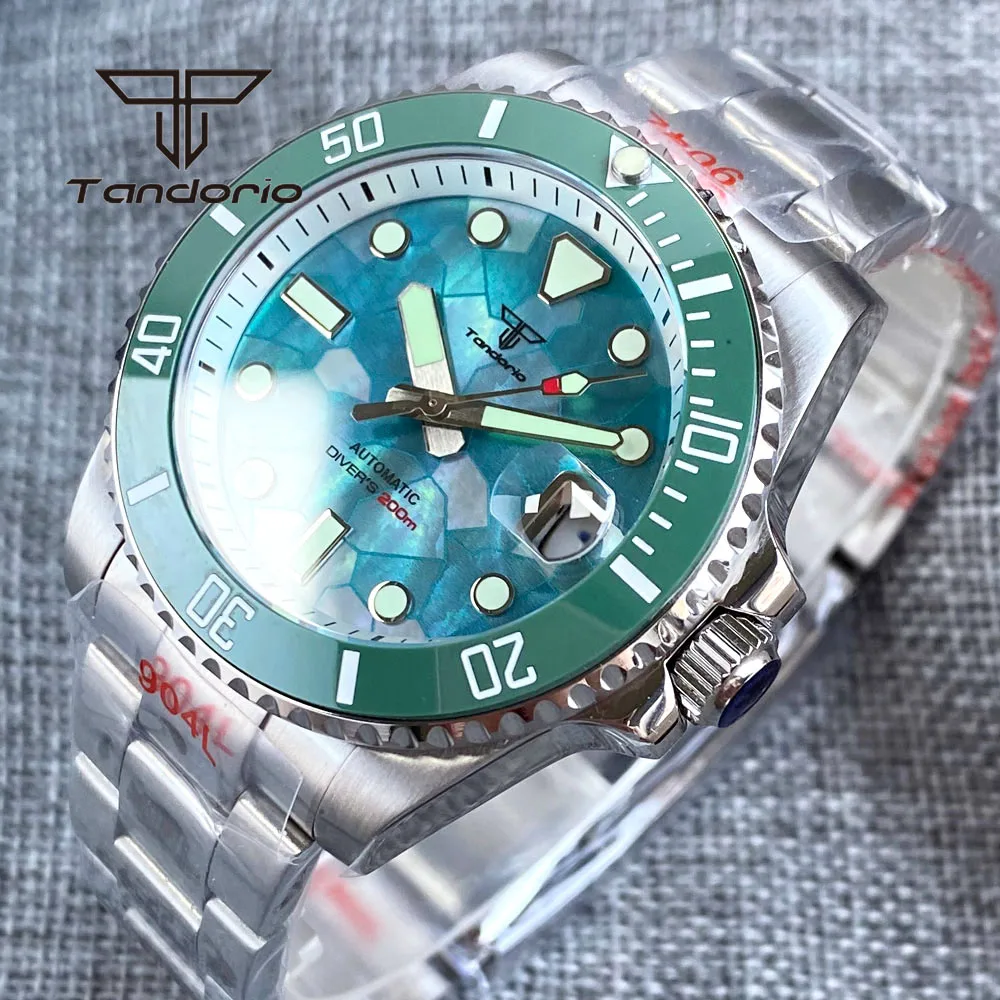 Tandorio NH35A 40mm Fashion 20Bar Men's Dive Automatic Wristwatch Greenish Blue MOP Dial Rotating Bezel Sapphire Luminous Date