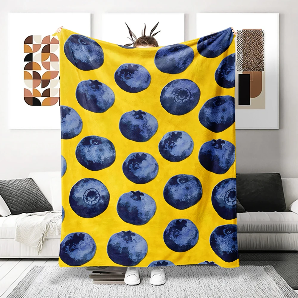Blueberries Yellow Bright Flannel Blanket Soft Cozy Throw Blanket for Bed Sofa Couch Fuzzy Plush Bed Cover