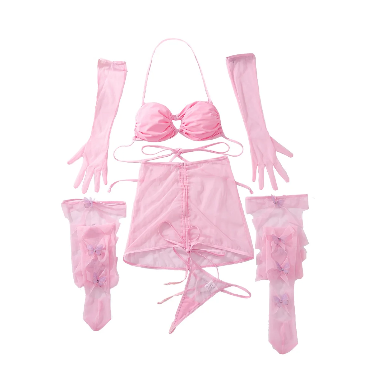 Sexy Hollow Mesh Seductive Suit Sexy Pink Elegant Halter Neck Underwear Five-piece Set