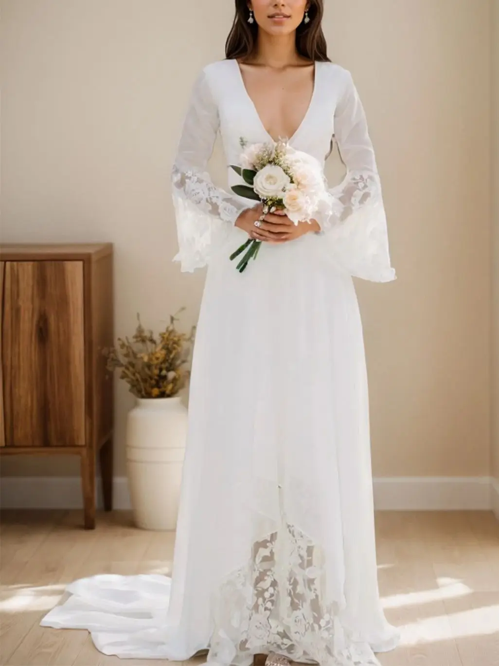 

Elegant A-Line Wedding Dress V Neck Long Sleeve Tulle Appliques Sweep Train Romantic Engagement Bridal Gown 2025 free customized
