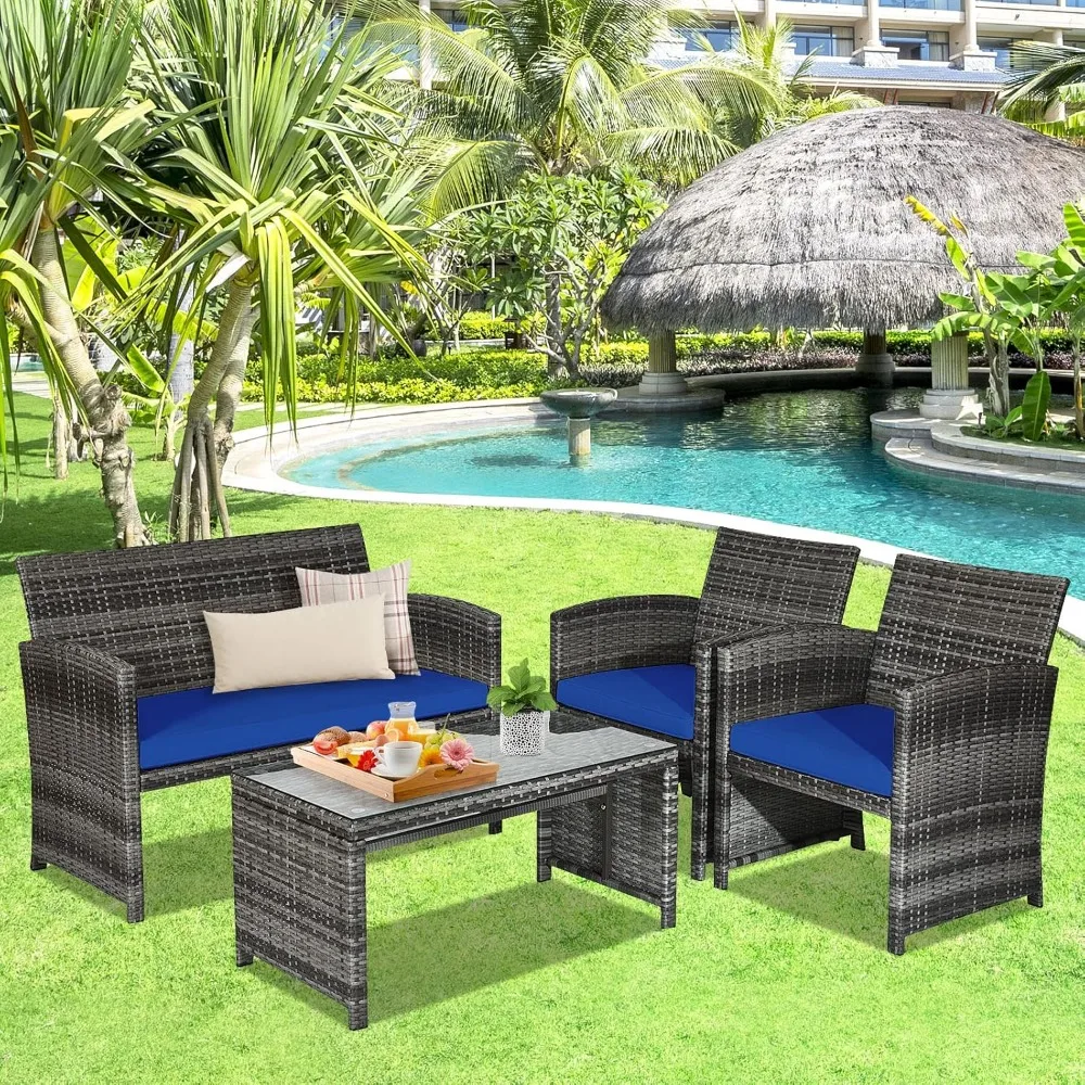 

4-Piece Rattan Patio Furniture Set, Outdoor Wicker Conversation Sofa with Weather Resistant Cushions and Tempered Glass Tabletop