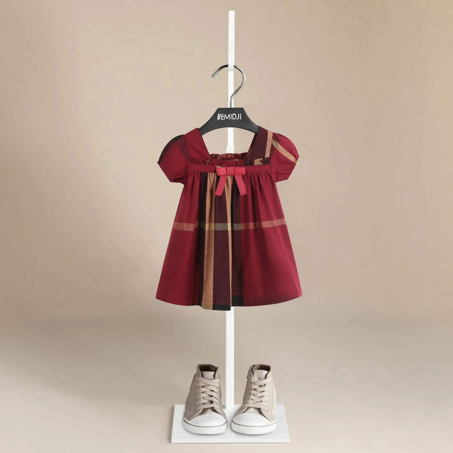 Baby Girls Princess Dress Summer Plaid Striped Elegant Doll Collar Dress Kids Birthday Party Clothes 2-7Years Children Bow Dress