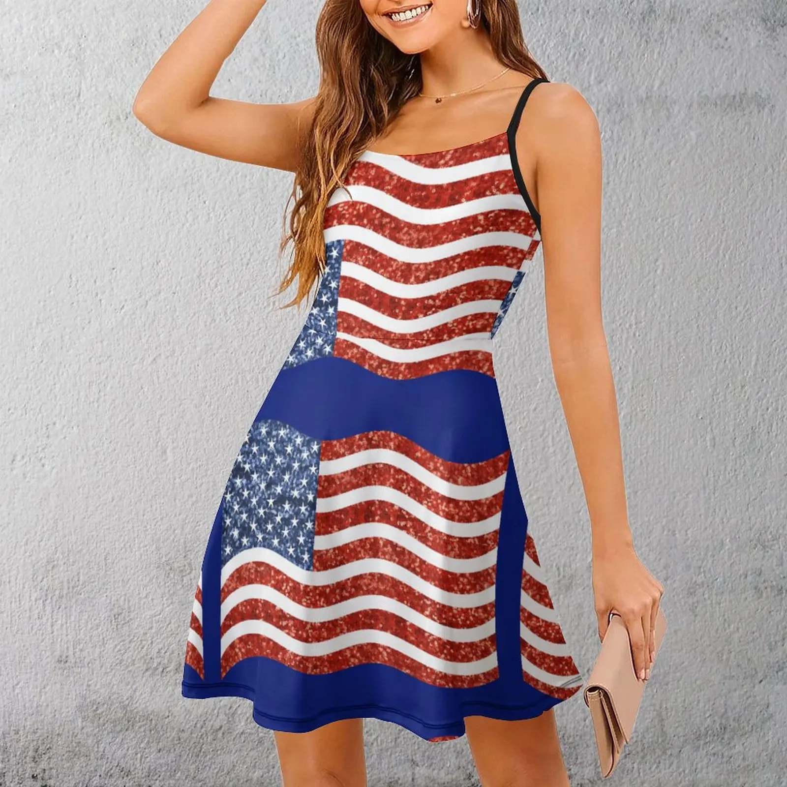 Sexy Glitter Print American Flag Women's Sling Dress Humor Graphic  Vacations  Woman's Dress Suspender Dress Funny