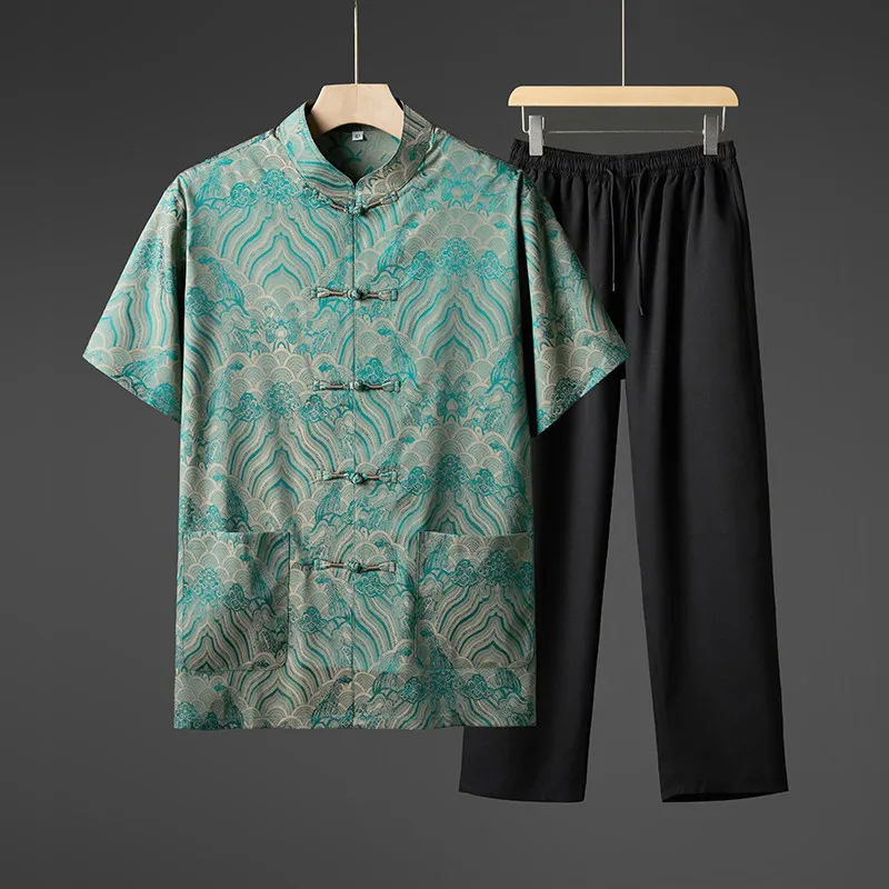 Men's New Chinese Style Tang Suit Set Summer Brocade Pattern Loose Fit Casual Summer Streetwear Two Piece Outfit