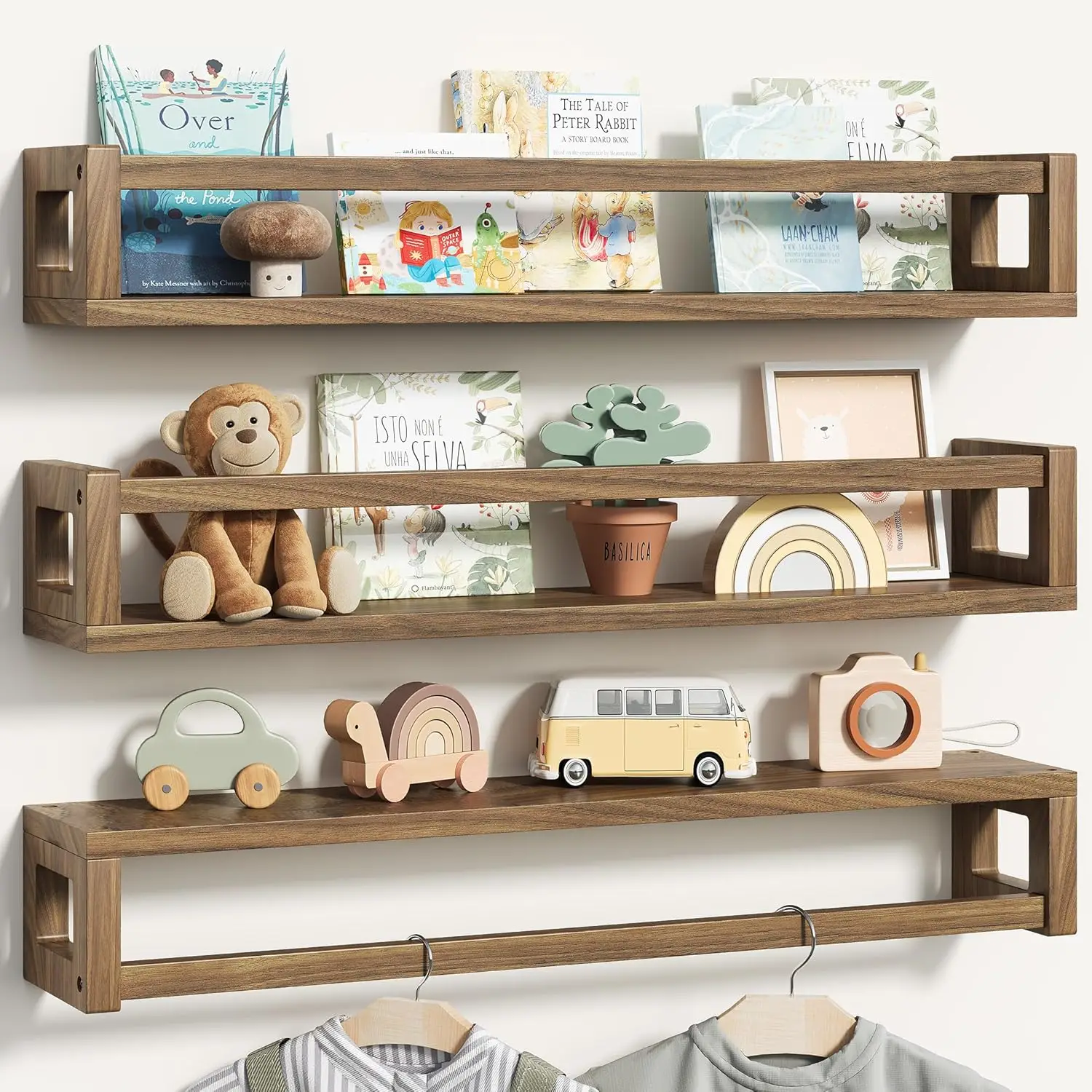 

Thick Floating Shelves - 24 Inch Wall-Mounted Storage for Kids Room, Books, Toys, Decor in Walnut Brown
