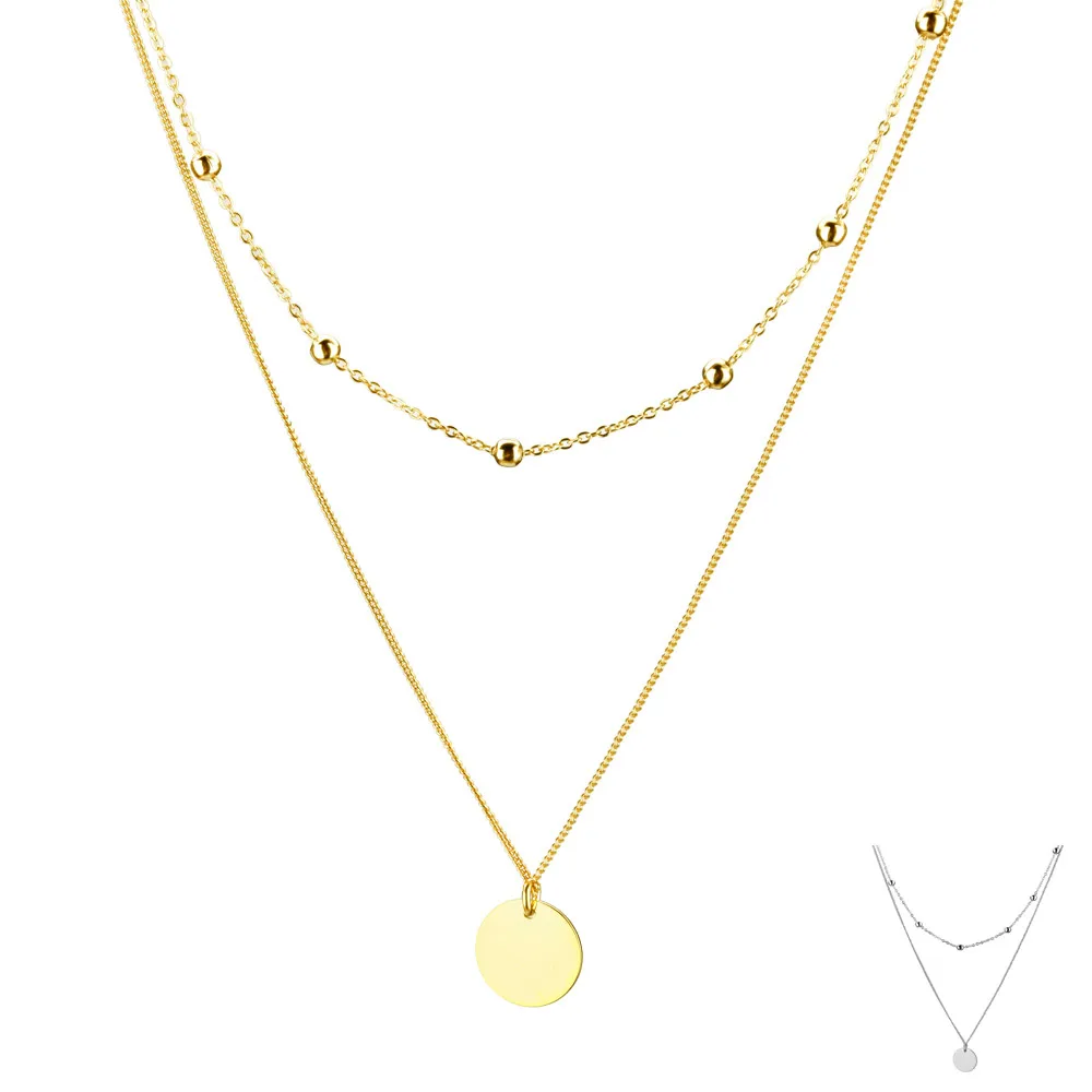 ANDYWEN 925 Sterling Silver Gold Round Pendant Chain Chocker Women Double Chain Necklace Simple 2020 Fashion Luxury Jewelry — zdjęcie 2