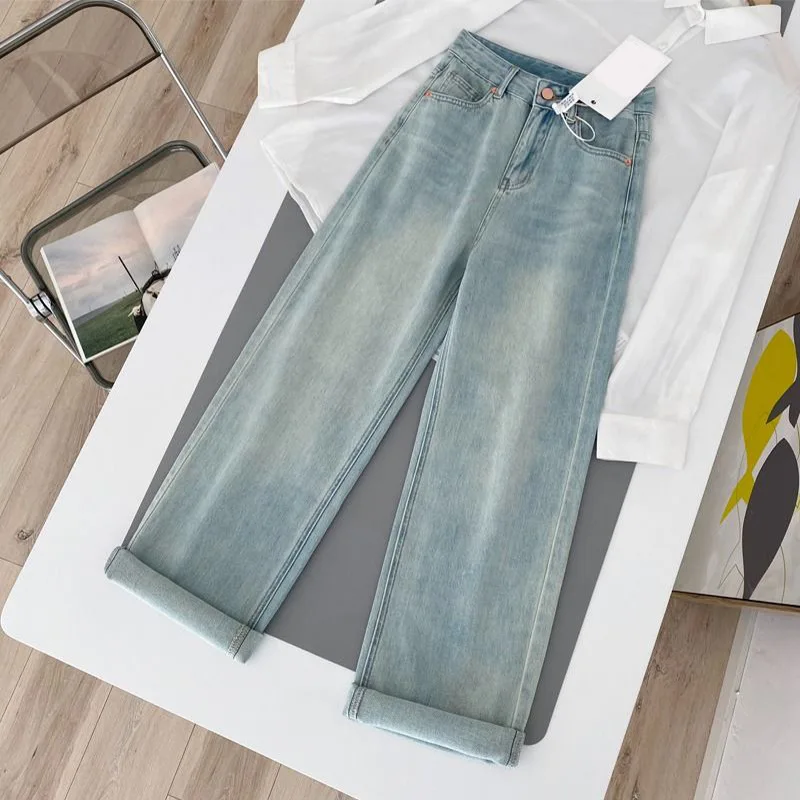 

Jeans Women Denim Wide Leg Pants Straight Trousers High Waist Distressed Washed 2025 Streetwear Pockets Button Full Length