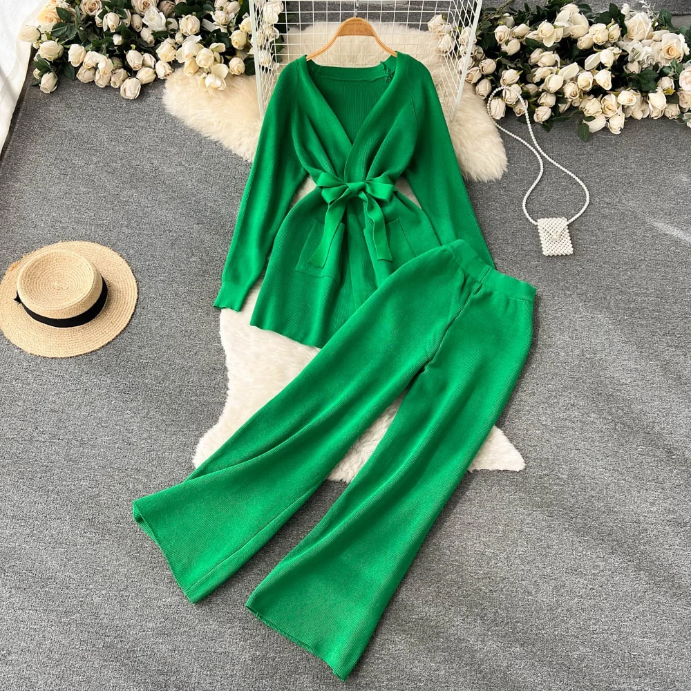 

Осенний вязаный кардиган и комплект с широкими брюками на высокой талии с завязками, модный женский ансамбль с длинными рукавами