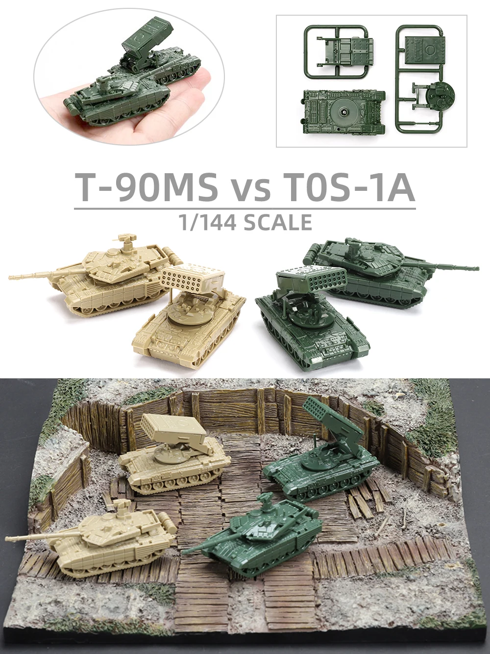 ViiKONDO 1/144 Scale Toy Tank Model Kit Military Vehicle Russia T-90MS vs T0S-1A Army Assembly Tabletop Wargame Diorama Hobby