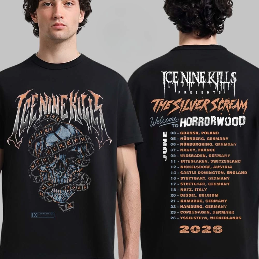 Ice Nine Kills 2026 European Tour T‑Shirt Double Sided Skull Film Reaper Graphic Men Nu‑Metal Horror Band Oversized Short Sleeve