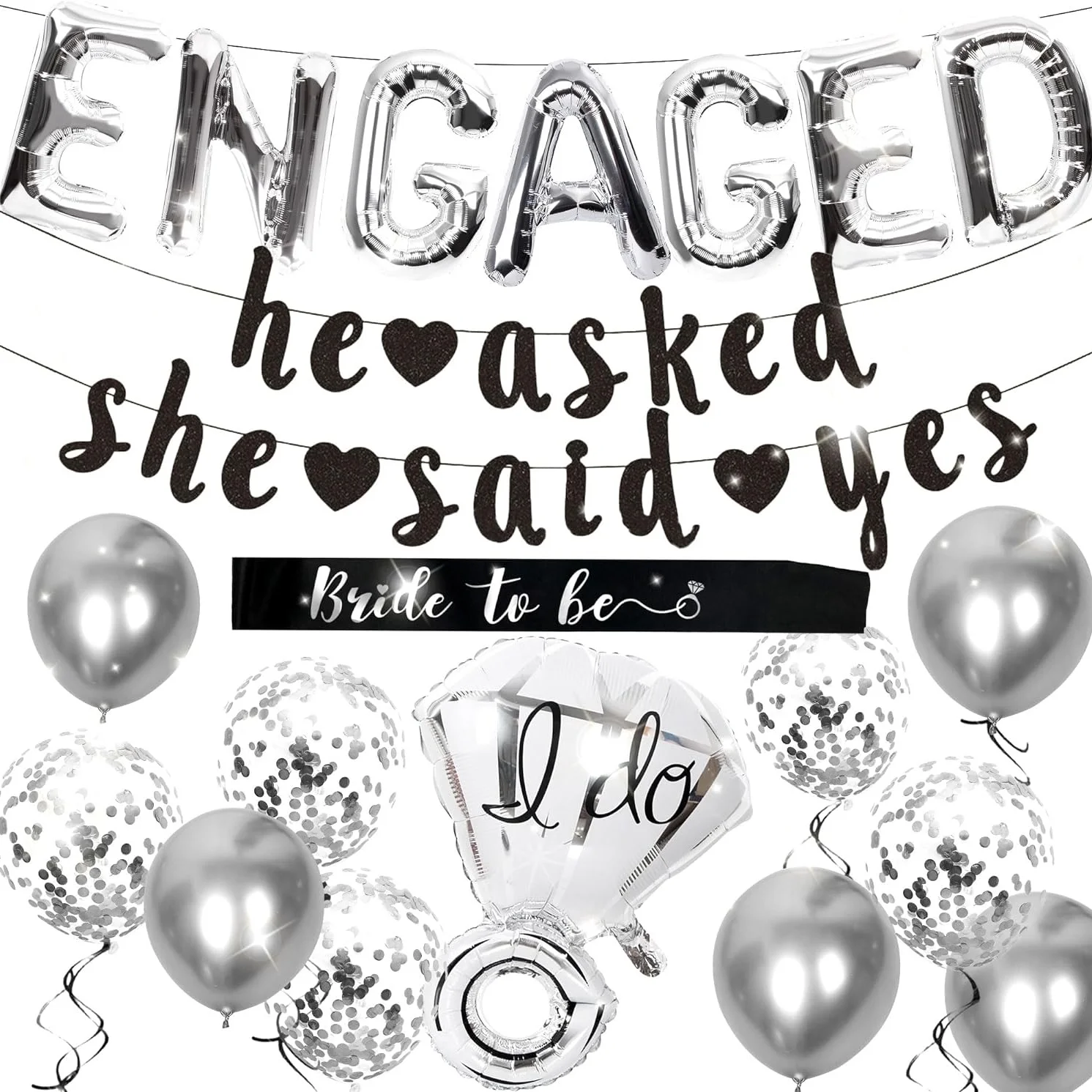 LaVenty 14 PCS Black Engaged Balloons Gothic Engagement Decorations Bride To be Party Decoration Balloon Banner