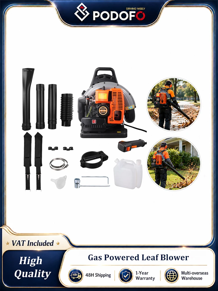 Podofo 63CC Rucksack-Laubbläser mit 1,8L Tank, Benzinbetriebener Kommerzieller Laubbläser, 2-Takt Hochleistungsmotor 6800 U/min, Elektrisches Gartenreinigungsgerät mit Verlängerungsrohr &