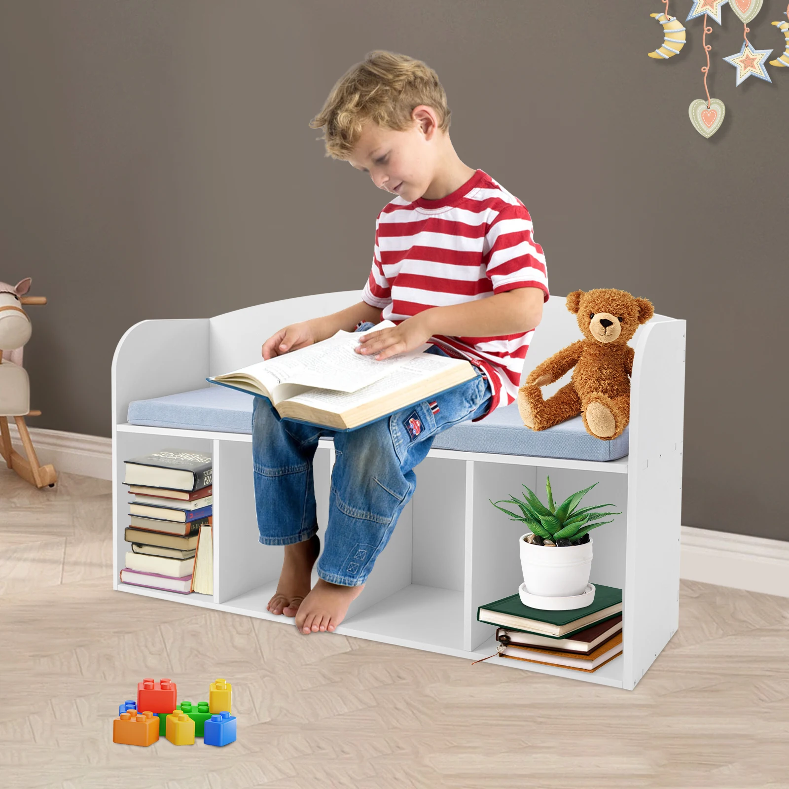 

White Kids Reading Bookshelf 40.16*11.42*23.03in Bookcase Storage Organizer with Bench Seat Cushion