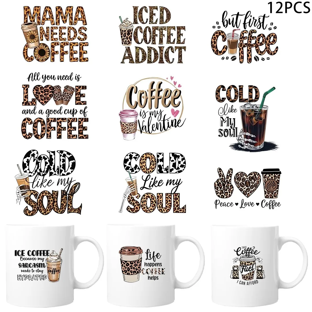 12pcs Coffee Cup Sublimation UV DTF Stickers, Waterproof Sticker Pack for Decorating Mugs, DIY Supplies，3d Decoration