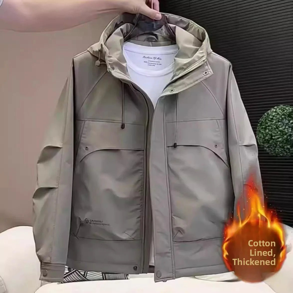 

Thiened Cotton Jaet Autumn Winter Men's Faionable Versatile Windproof Warm Hooded coat Stand Fit Zipper Decoration