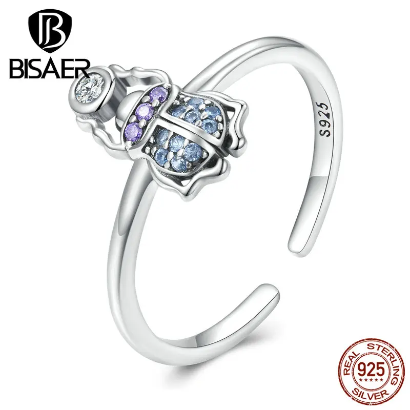 BISAER Real 925 Sterling Silver Scarab Open Rings For Women Colorful Zircon Insect Ring Party Original Fine Jewelry Gift ECR903