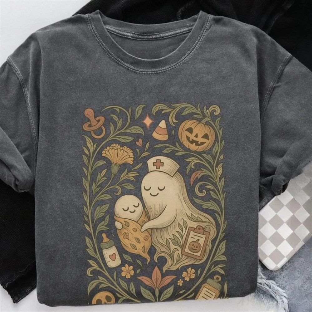 شبح ممرضة هالوين مضحك قميص مطبوع مخيف OB ممرضة الحياة خمر رائجة البيع المحملة الشارع موضة امرأة رجل ملابس علوية من القطن