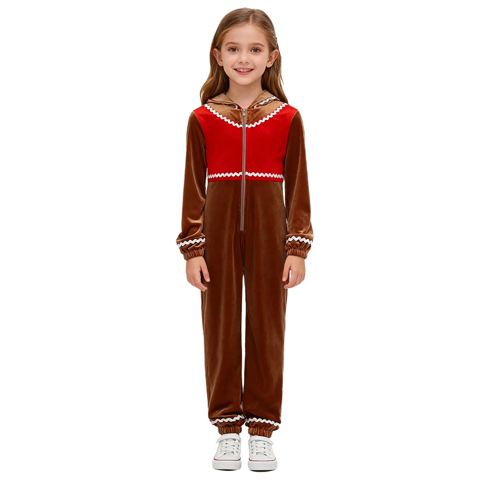 

Children Gingerbread Man Costume Christmas Jumpsuit Wave Braided Tape Decor Long Sleeve Funny Xmas Cosplay Hooded Clothes