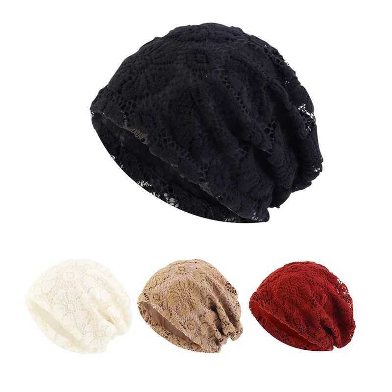 New Women Summer Hats Lace Hollow Flower Slouchy Baggy Head Cap Chemo Beanie Cancer Hat Windproof Turban Muslim Female Hats Caps