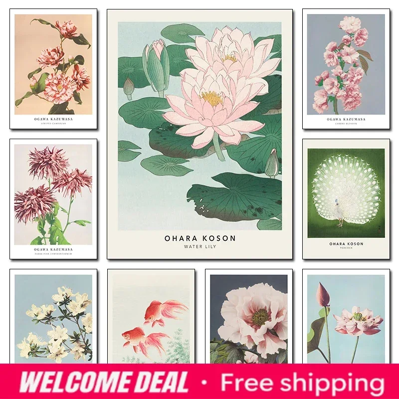 Ogawa Kazumasa Pink Cherry Blossom Flowers Canvas Prints Botanical Art Antique Japanese Floral Painting Poster Home Room Deco