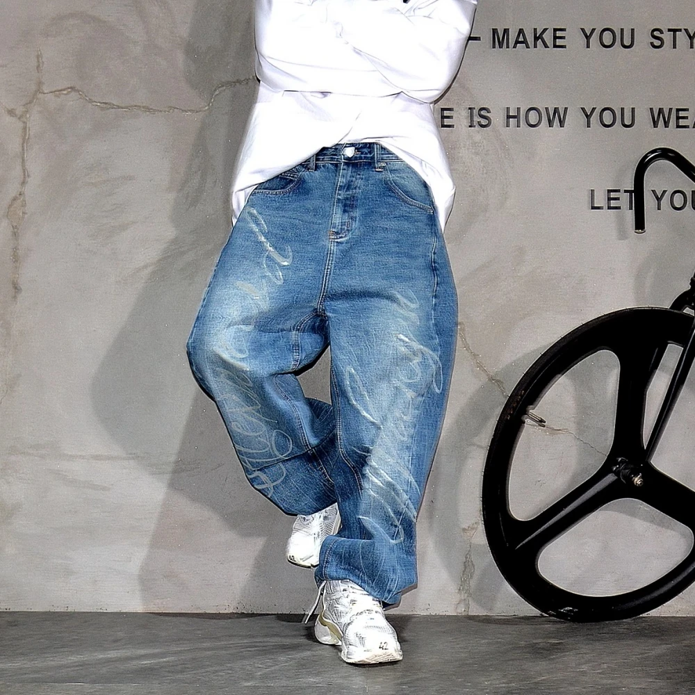 High End Men\'S Clothing Korean Fashion Baggy Jeans For Men Distressed Letter Ripped Jeans Streetwear Skateboard Denim Pants Male