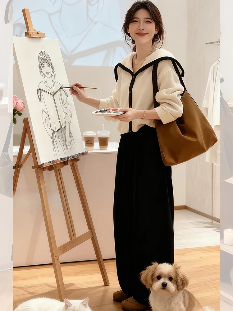 Faionable البحرية طوق اللون بلو سترة المرأة فضفاضة محبوك الأعلى العصرية كسول الراقية الشعور الخريف جديد Sle تريكو