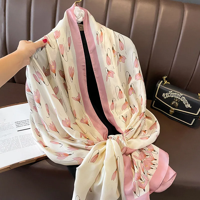 Spring Scarf Women\'s Luxury Design Scarf Silk Smooth Scarf Soft Muslim Headband Shawl Beach 85x180cm