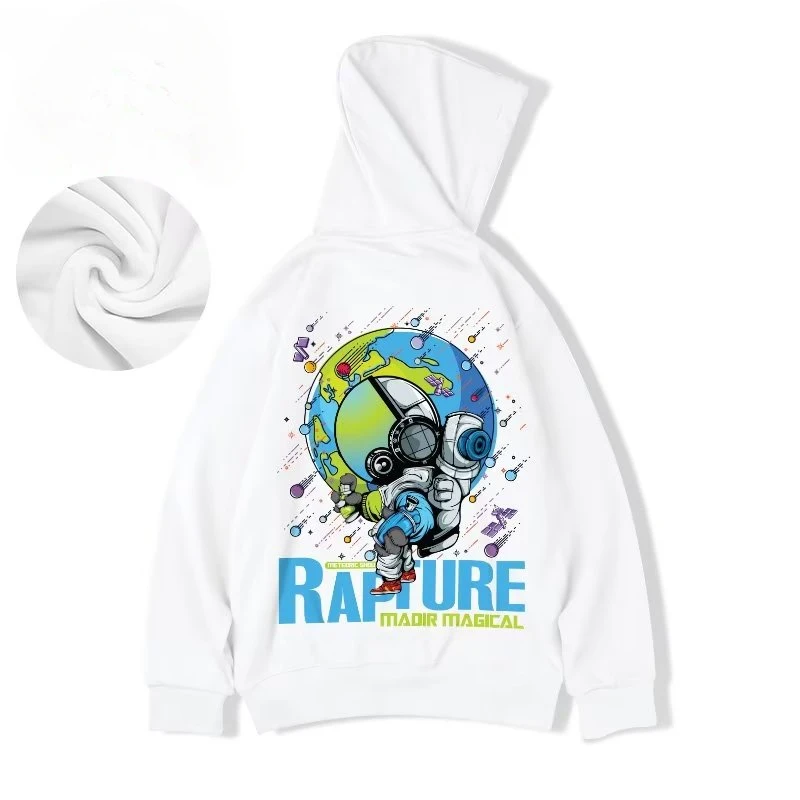 M-8XL Oversized Hoodies Men American Cartoon Astronaut Print Hoodie Loose Student\'s Large Soft Velvet Hooded Sweater