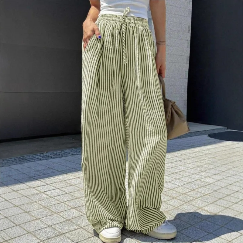 

Women's Simple Long Pants New Striped Wide Leg Pants Drawstring Pocket Casual Pants Straight Leg Pants Women Clothing 2026