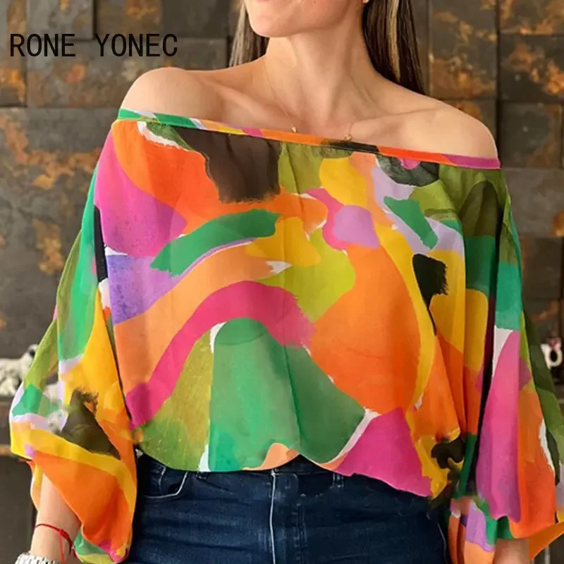 Women Tops 2023 Off Shoulder Allover Print Lantern Sleeve Top Women Blouse