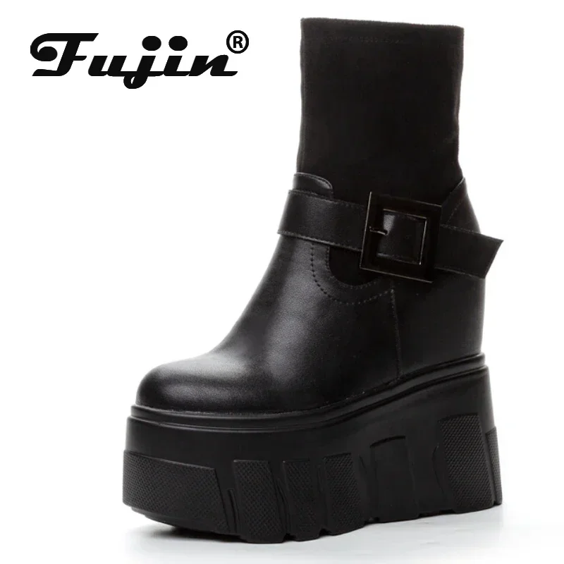 Fujin 9.5cm Synthetic Genuine Leather Stretch Fabric Winter Plush Spring Knee High Ankle Boots Woman ZIP Motorcycle Autumn Shoes