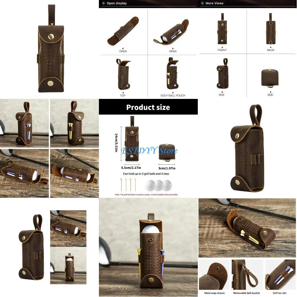 

G6DE 3 Slots Golfs Balled Storage Bag Leather Golfs Balled Bag with Tees Holder Practical Golfs Balled Container for Golfers