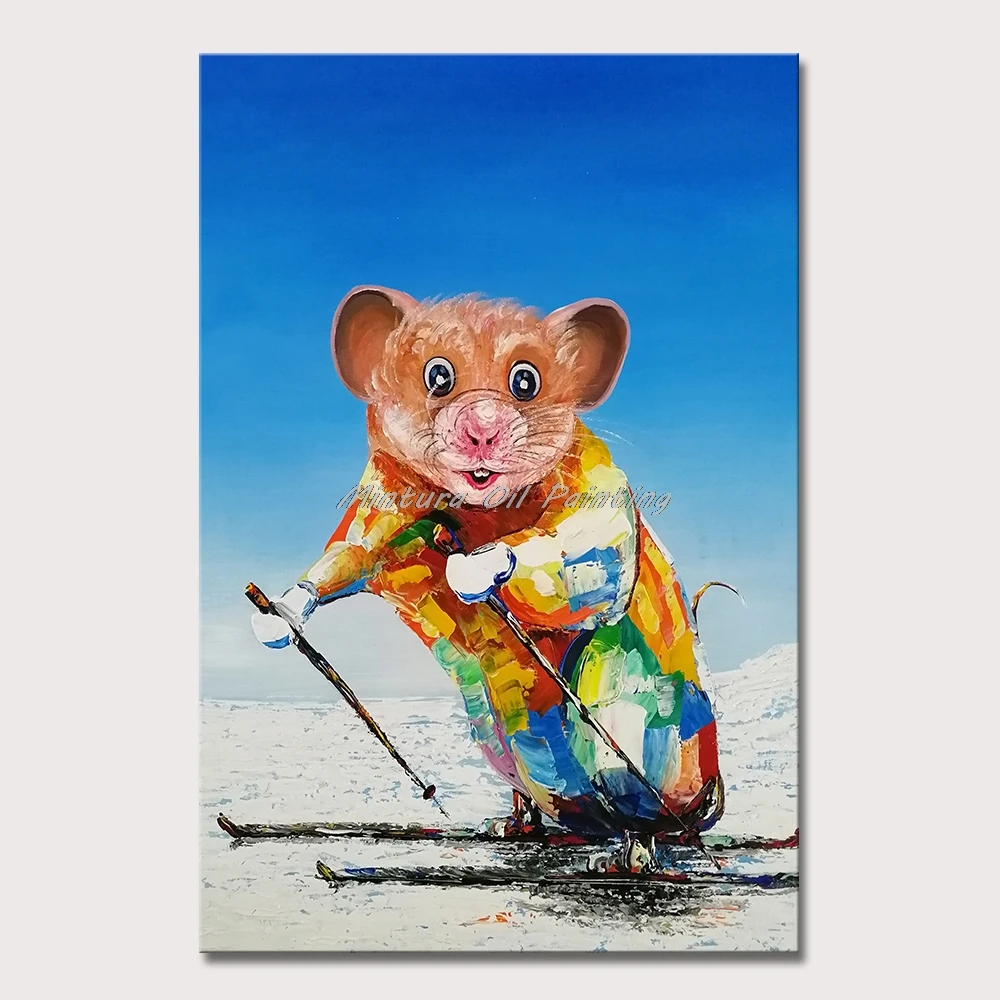 

Mintura Wall Picture for Living Room Oil Paintings on Canvas,Hand-Painted The Mouse is Skiing,Home Decoration Wall Art, No Frame