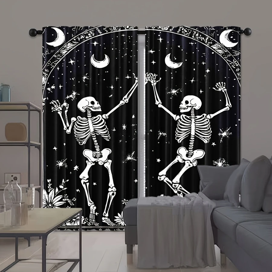 2PCS Digital Printed Curtains, Dancing Skeletons Crescent Moon Stars Flowers, Black White Cartoon Fun Halloween Window Decor