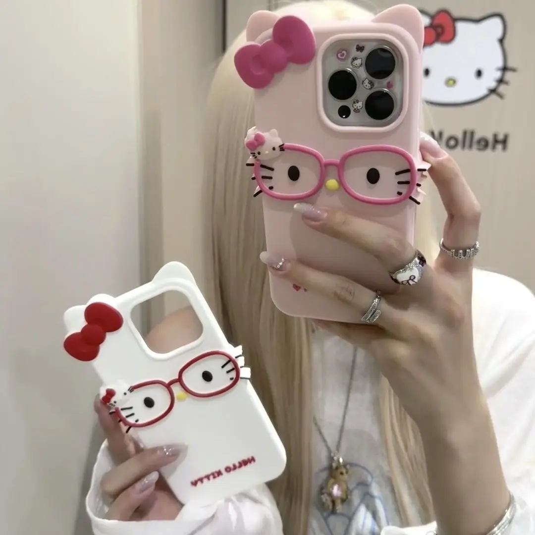 

Sanrio Hello Kitty 3D Glasses Silicone Phone Case, Cute Full Protective Cover for iPhone 17 Pro Max/16/15/14/13/12, Anti-Scratch