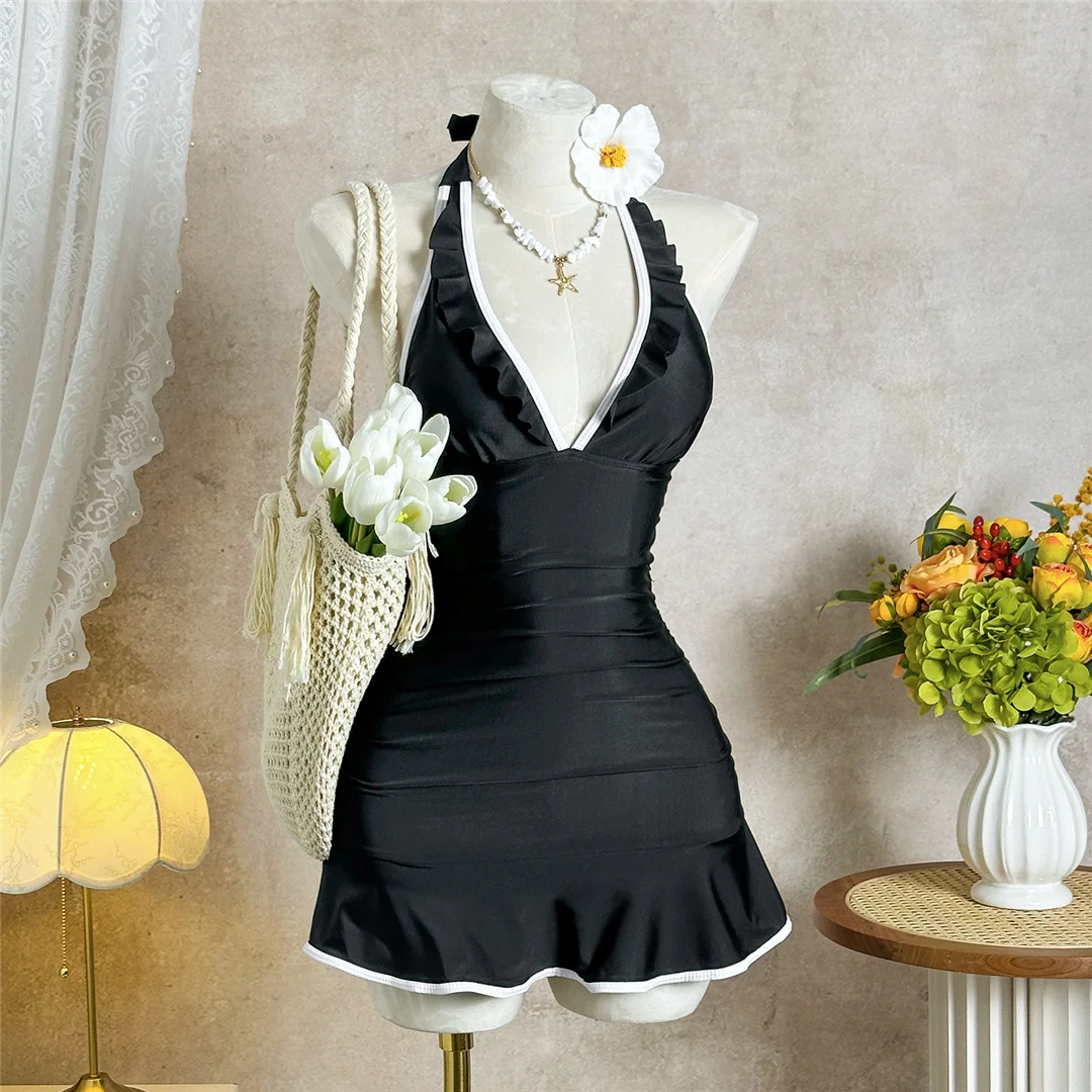 V-Ausschnitt, Neckholder, Rüschen, Damen-Badeanzug, einteiliger Badeanzug, rückenfreier Monokini, gepolsterter Badeanzug, Badebekleidung, Badeanzug V7809 – Detail 8