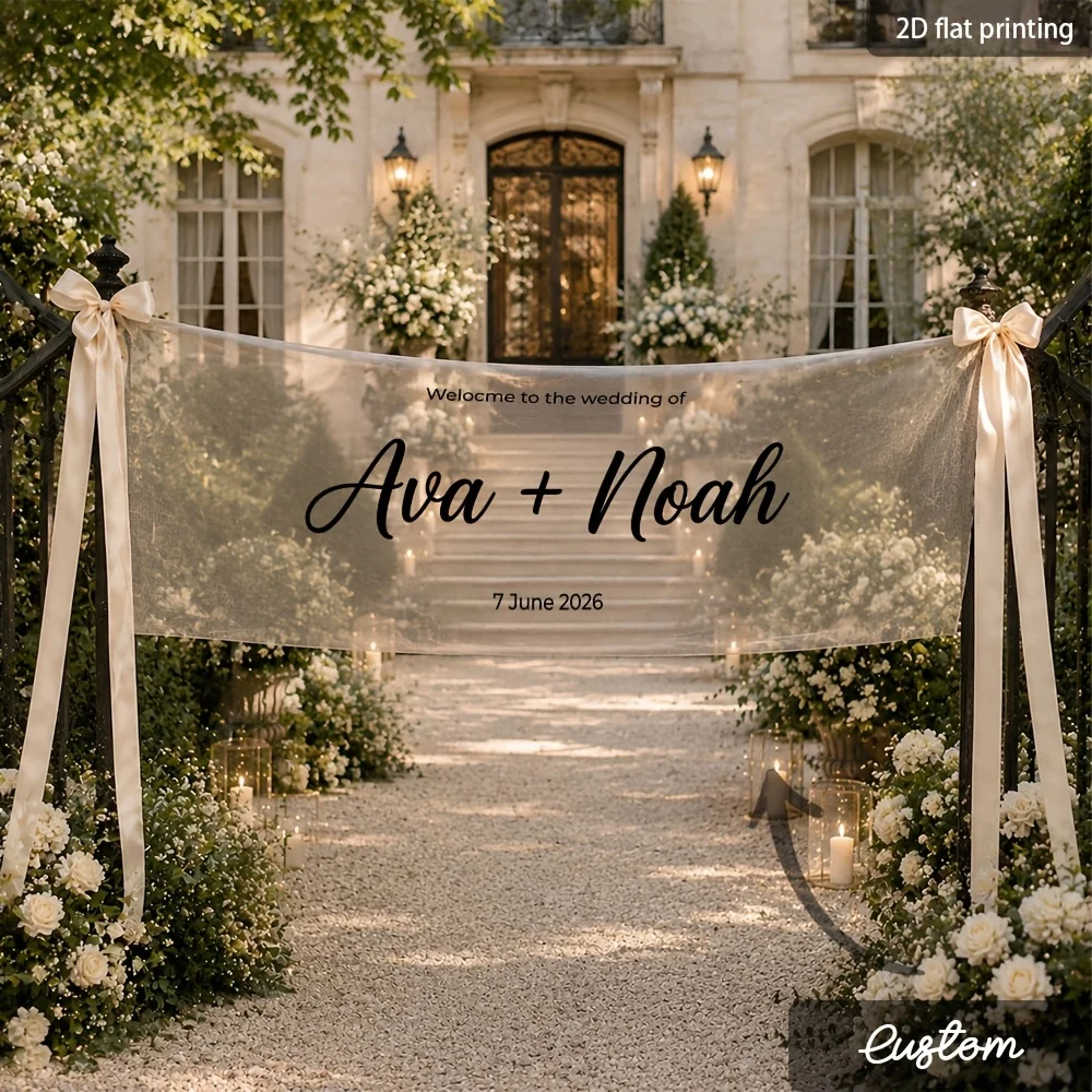 1Pc Custom Sheer Tulle Transparent Banner with Personalized Text/Name/Date & Ribbon, Suitable for Ceremony Entrance, Party Decor