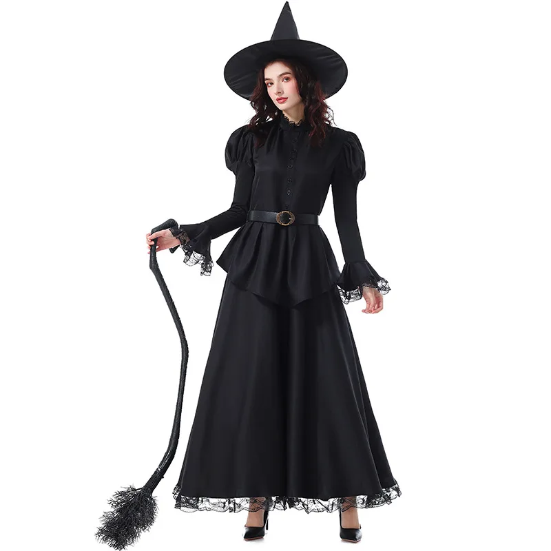 

Women Wicked Witch Costume Flared Puff Sleeves Dress West Outfit for Scary Cosplay & Halloween Dress Up with Witch Hat and Belt