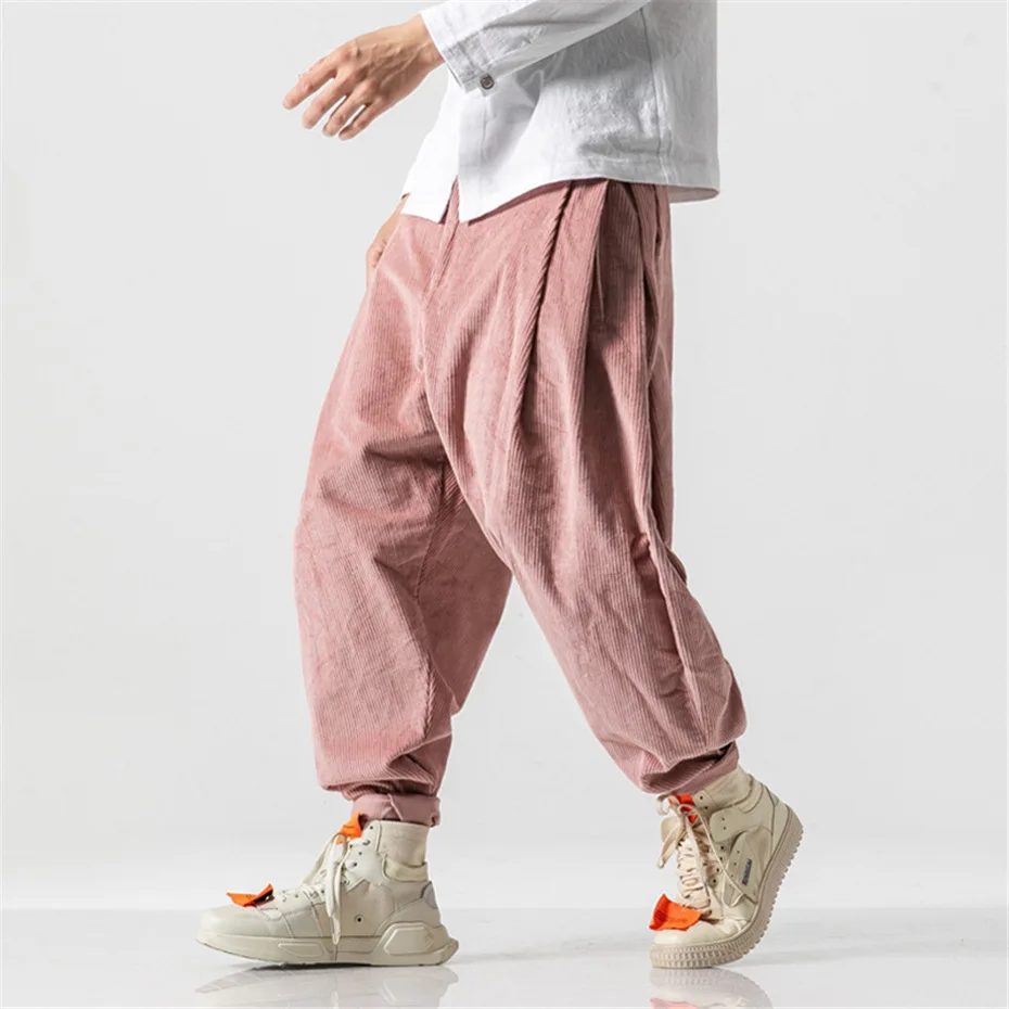 Corduroy Pants Men Hip Hop Streetwear Sweatpants Loose Harem Pants Solid Color Pink Ankle-length Pants Male