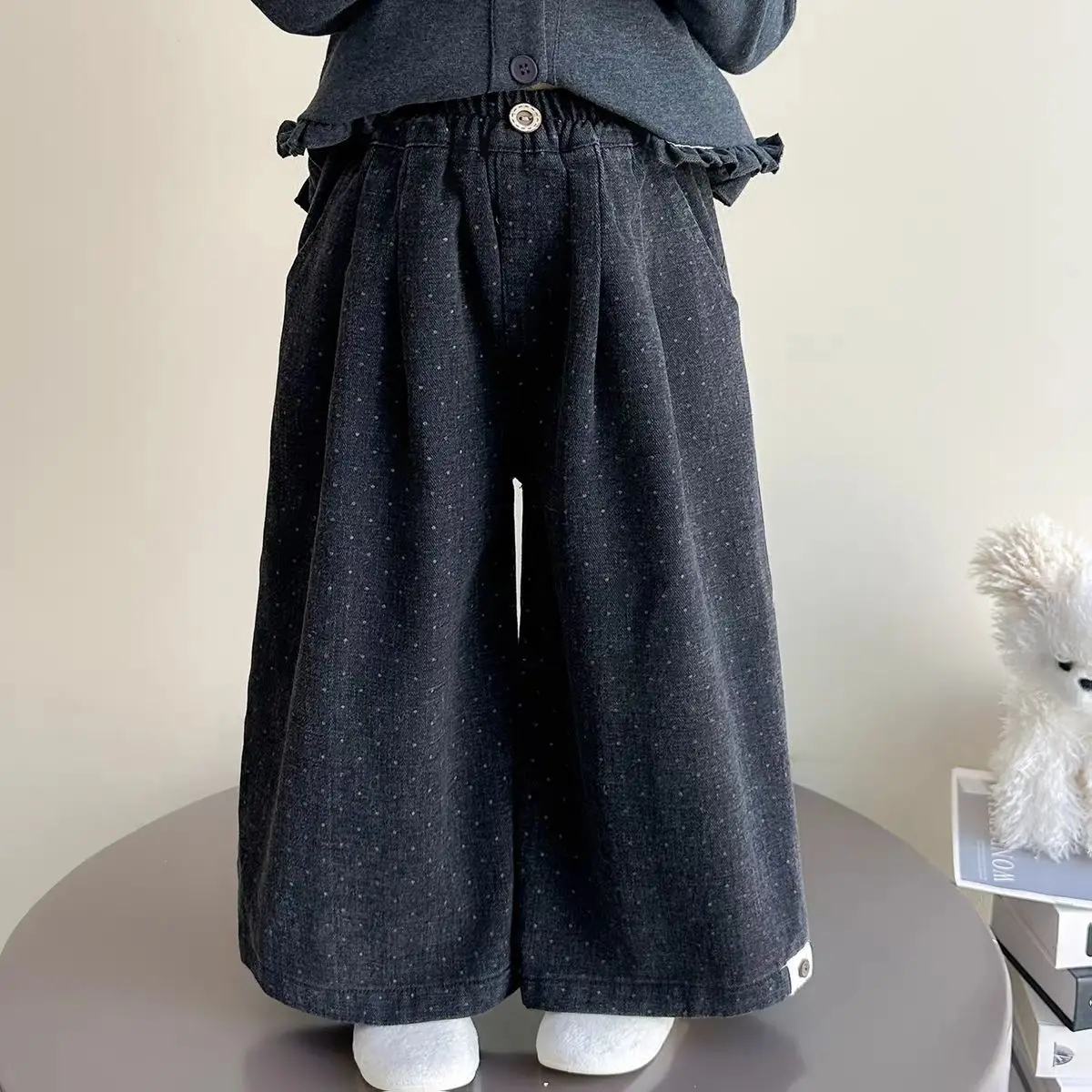 2026 Girls Polka Dot Wide Leg Jeans Autumn Winter Loose Fashion Denim Pants Kids Casual Trousers